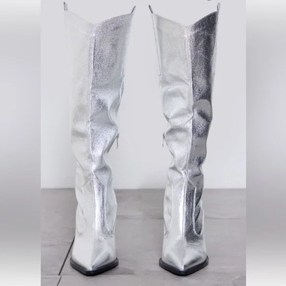 Silver Metallic Western Pointed Wedge Heeled Knee Boots - Picture 4 of 7